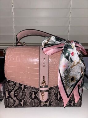Aldo Blush Pink Croc-Embossed & Snake-Print Top-Handle Satchel with Scarf